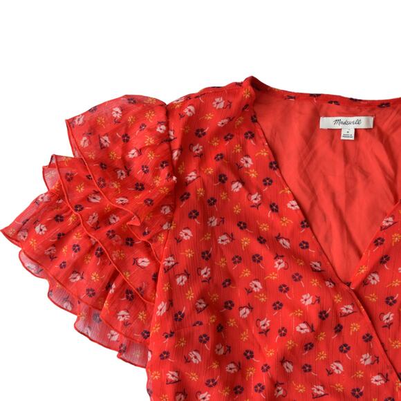 Madewell Red Floral Ruffle Peplum Top, Size 8 - Picture 3 of 7